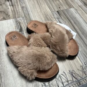F&F Faux-Fur Crossband Slide Sandals - Tan